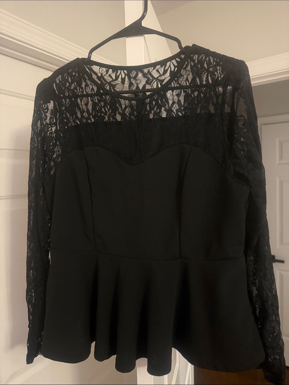 SHEIN Black Lace Long-Sleeve Peplum Top